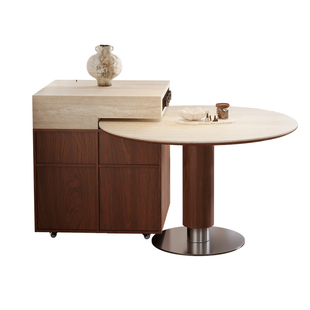 分离式岛台圆餐桌一体伸缩中古风厨房餐厅靠墙包豪斯洞石岩板餐岛