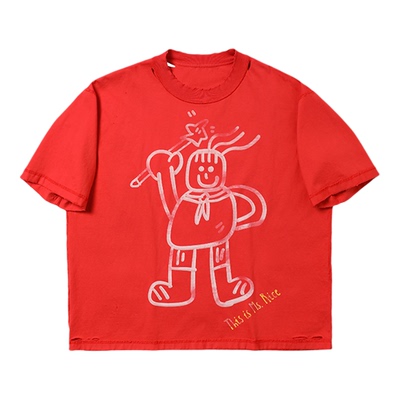 Riceupup“米女士”手绘原创图案红色破洞水洗t恤男女同款