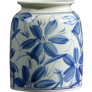 手绘青花瓷花瓶陶瓷复古瓷罐直宽口新中式花瓶摆件客厅插花喜福字