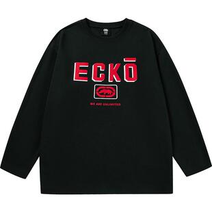 ecko红犀牛 oversize美式黑色长袖情侣t恤2025秋季新款设计感上衣