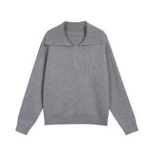 pusumede 随性范本 米白半拉链套头毛衣女宽松保暖翻领针织上衣