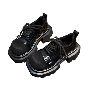 复古真皮松糕厚底小皮鞋女英伦风圆头德比鞋小个子增高加绒乐福鞋