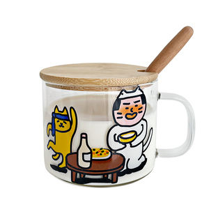 透明耐热玻璃杯家用豆浆杯可爱早餐杯子把手喝水杯带盖带勺牛奶杯