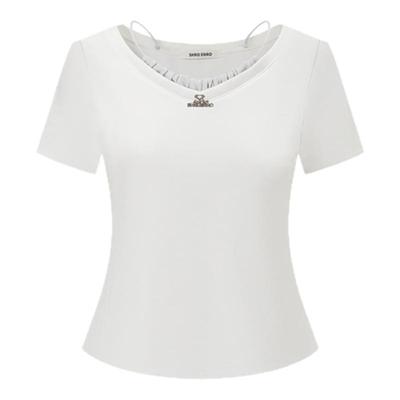 SHROENRO满钻胸针假两件短袖