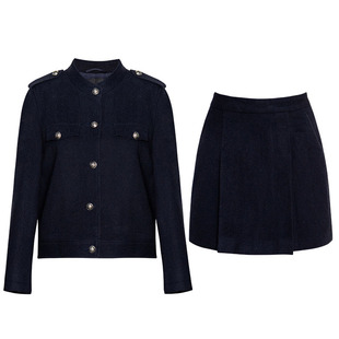 罗衣知性职业藏蓝毛呢短外套+半身裙两件套套装显高显瘦减龄12878