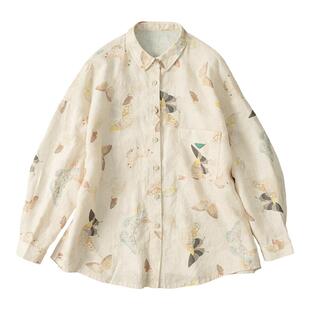 西河自制整洗微做旧清雅印花莼亚麻宽大衬衫上衣