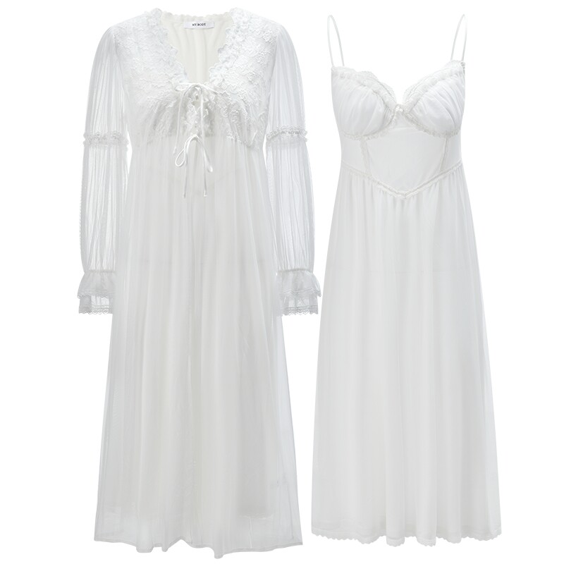 商场同款MYBODY新款睡衣套装优雅法式蕾丝网纱可外穿V领吊带睡裙