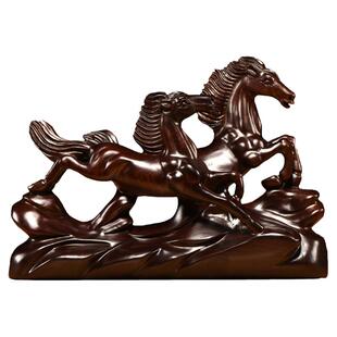 黑檀木雕马摆件红木生肖马到成功双马腾飞酒柜办公装饰送礼工艺品