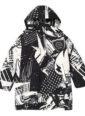 GENANX闪电潮牌男士棉衣冬季街头嘻哈国潮满印长款情侣棉服外套潮