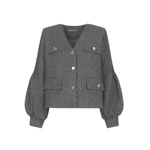 sdeer圣迪奥秋冬装女装小香风V领压褶灯笼袖短款羽绒服S234Z3128