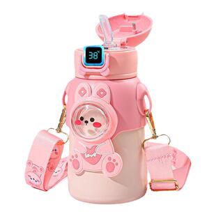 智能温显杯子儿童保温杯弹跳吸管水杯趣味卡通背带便携316不锈钢