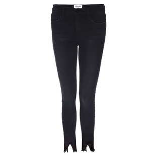 FRAME女士黑色高腰高弹紧身修身牛仔裤不规则裤脚SKINNY