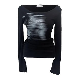 eihey诶嘿秋季辣妹斜肩一字肩印花修身露肩显瘦薄款长袖T恤上衣女