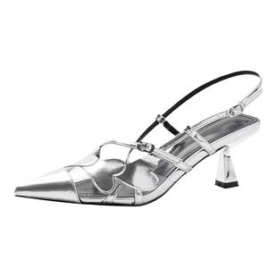 得足少女2025新品「心动」法式银色尖头细跟高跟鞋包头凉鞋