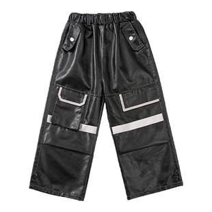 街舞裤子男童儿童机车皮裤黑色爵士舞蹈阔腿直筒女童工装裤秋冬潮