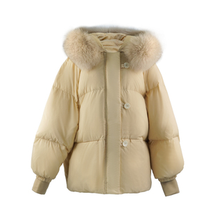 萌萌Ja」 奶泡芙 奶黄毛领90白鸭绒连帽短款羽绒服女冬加厚面包服