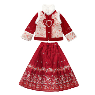女童裙子冬季2025新款中大童国潮红色拜年服儿童冬装马面裙套装潮
