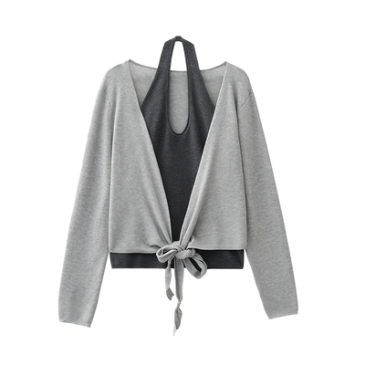 JIUJIU法式设计感撞色假两件针织衫女春季2026新款交叉系带上衣