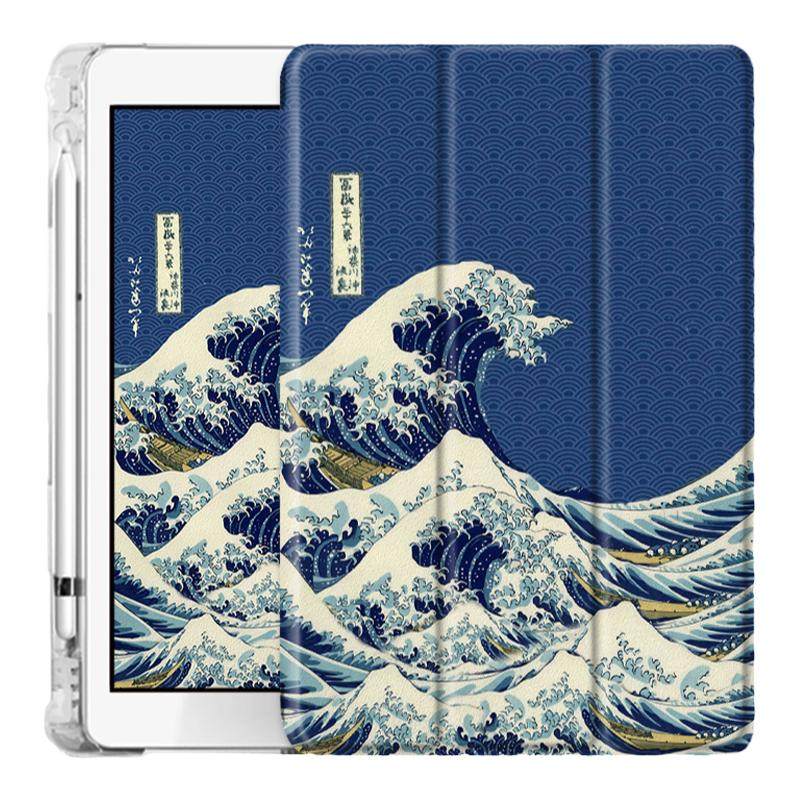 适用2020神奈川海浪ipad8保护套pro11带笔槽10.2创意9.7寸2019平板10.5三折式air4个性3潮2男