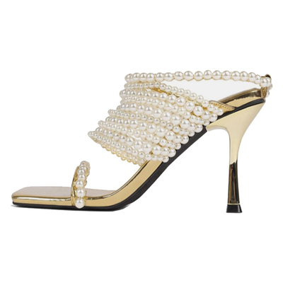 珍珠链条细跟羊皮金色高跟新娘鞋