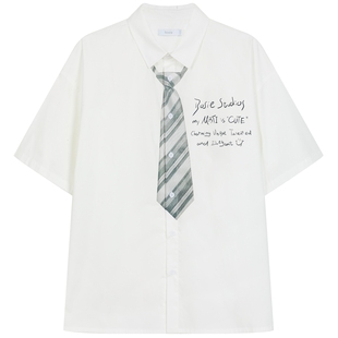 bosie伯喜2025年夏季新款趣味领带印花短袖衬衫男情侣中性学院风