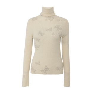 DPLAY2026年春季高领羊毛衫蝴蝶烫钻针织衫内搭气质打底衫女上衣