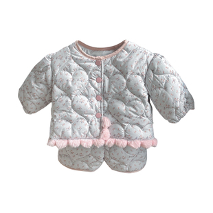 韩系冬装女宝宝碎花棉衣套装儿童时髦加厚棉袄外套保暖裤子两件套