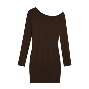 ousph 黑色斜肩针织长袖连衣裙秋高级修身气质法式性感设计感短款