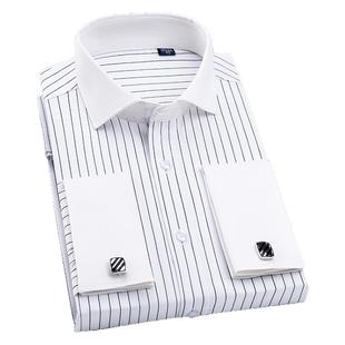 法式衬衫男长袖修身秋条纹商务正装异色温莎领气质袖扣男士衬衣