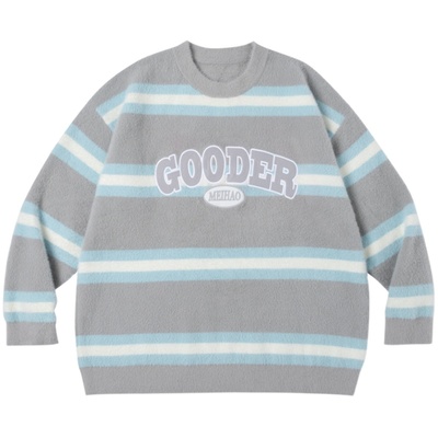 美好商店条纹仿貂毛圆领