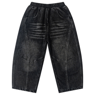 男童冬季潮酷加绒阔腿弯刀牛仔裤2025新款青少年儿童加厚直筒裤子