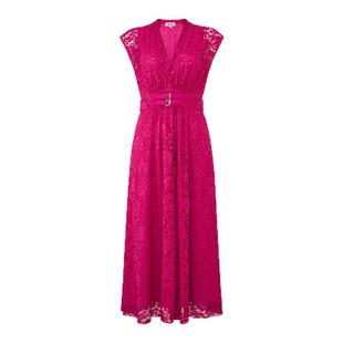 [重工蕾丝花卉]DVF2025秋冬新款莓果红V领度假蕾丝连衣裙DS2T01