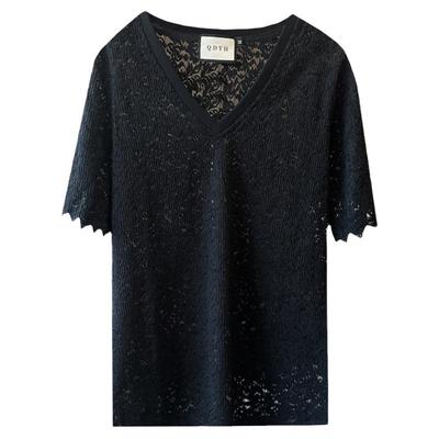 大码女装胖mm春装夏装显瘦小透视蕾丝花边时尚半袖短袖t恤打底衫