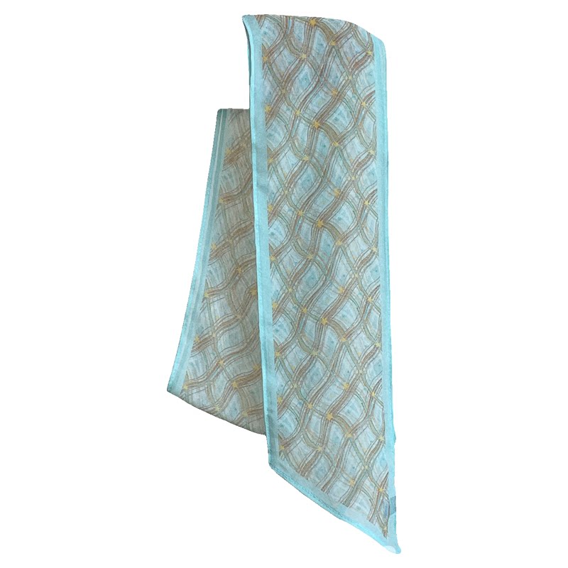 清新湖蓝色菱格星星印花丝巾