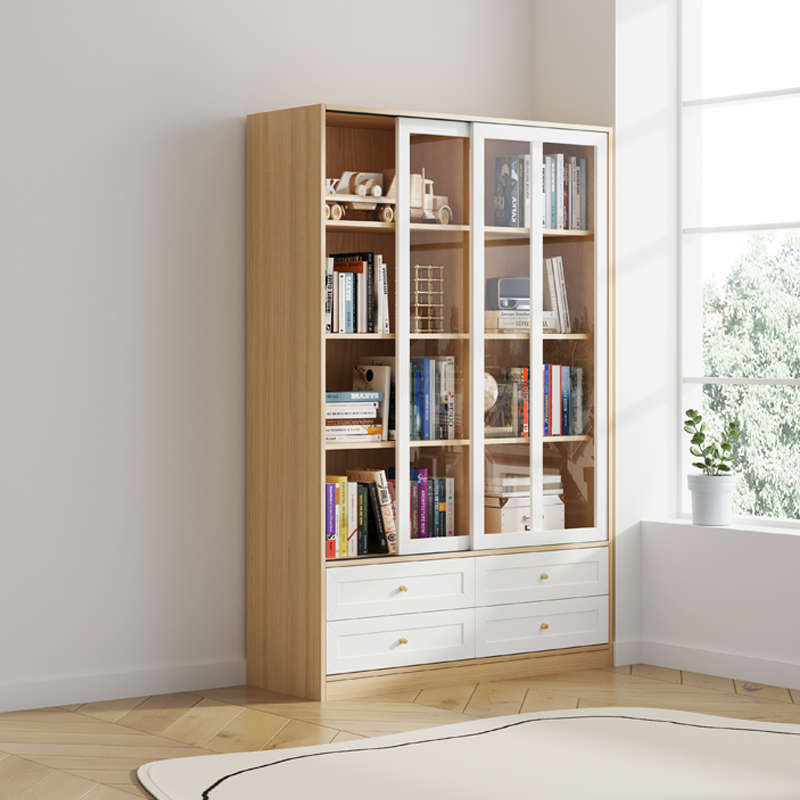 可比熊实木推拉门书柜客厅书架置物架落地带玻璃门储物柜美式书橱