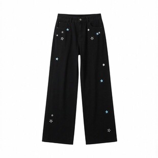 胖mm特大码韩系百搭学生牛仔裤女黑色遮肉显瘦星星刺绣直筒长裤子