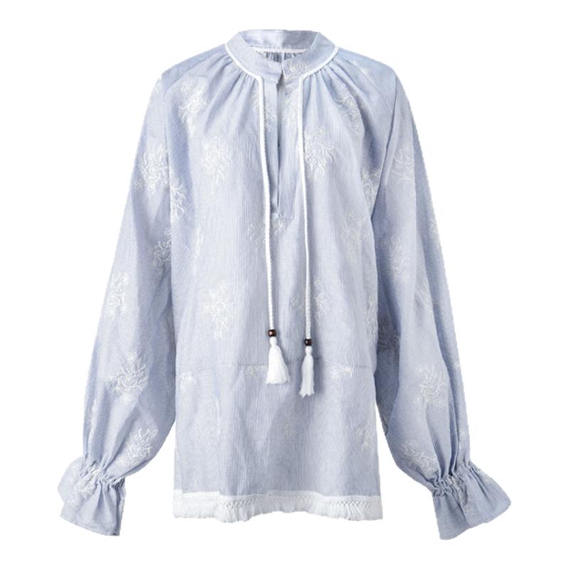 ourhour 流苏下摆 蓝白条纹刺绣宽松花苞袖衬衫 女秋设计感薄上衣