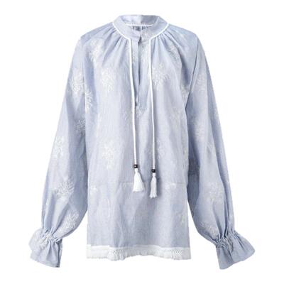 ourhour流苏下摆刺绣花苞袖衬衫