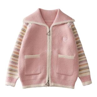 女童针织外套春秋款洋气童装儿童仿水貂绒拉链开衫大童翻领毛线衣