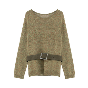 LAGOGO游牧风卡其绿色毛衣女拉谷谷2025冬新款圆领宽松针织衫上衣