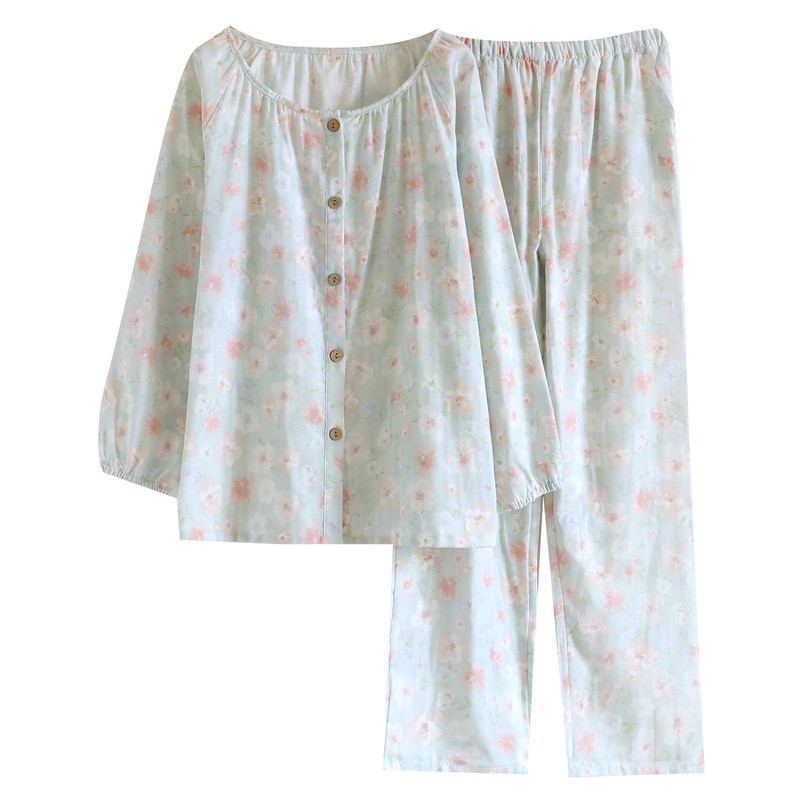 长裤花纱布格子碎花圆领家居服套装春夏长袖休闲春秋季棉女款