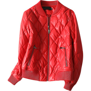 羽绒服女真皮短款红色海宁皮草白鸭绒2025新款加大码绵羊皮女皮衣