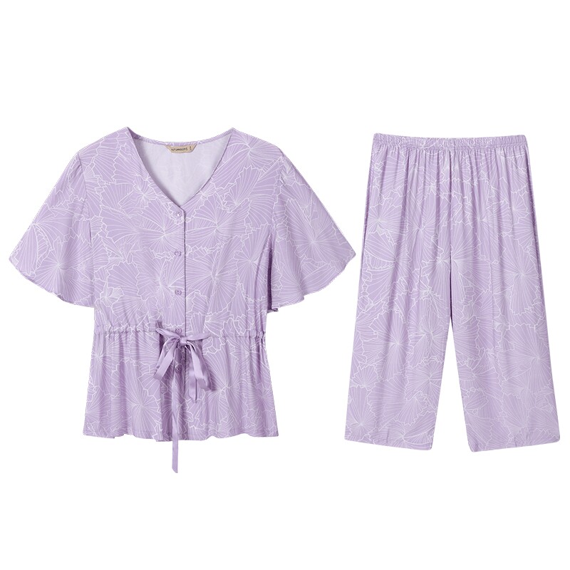 秋鹿冰丝睡衣夏款女款简约V领纯色短袖七分裤仿真丝家居服夏薄款