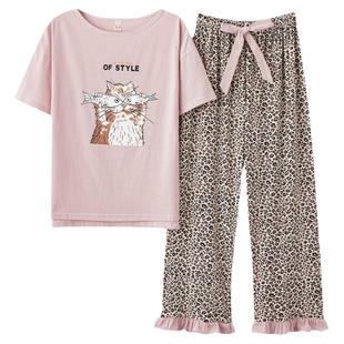 莫代尔短袖睡衣女ins慵懒风可爱卡通家居服豹纹九分裤大码两件套