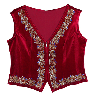 2025新款新疆舞蹈马甲冬季高档款手工串珠绣金丝绒坎肩维族舞背心