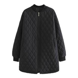 大码棒球棉服女胖mm200斤薄款加肥加大中长款宽松菱形格棉衣外套