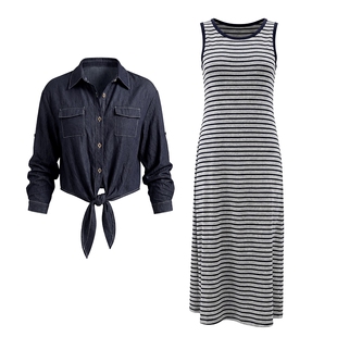 马天奴2026春夏新款蓝色绑带衬衫上衣条纹连衣裙子两件套装时尚女