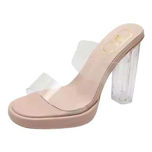 水晶拖鞋女夏外穿时尚仙女法式透明高跟鞋粗跟凉鞋小众不累脚凉拖