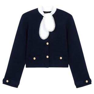 Maje2026早春新款女装法式时尚可拆卸领单排扣深蓝色长袖针织开衫