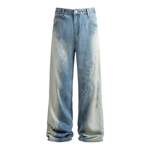 YORAINBOW 秋冬脏染泼墨A字牛仔裤情侣同款复古水洗牛仔裤百搭